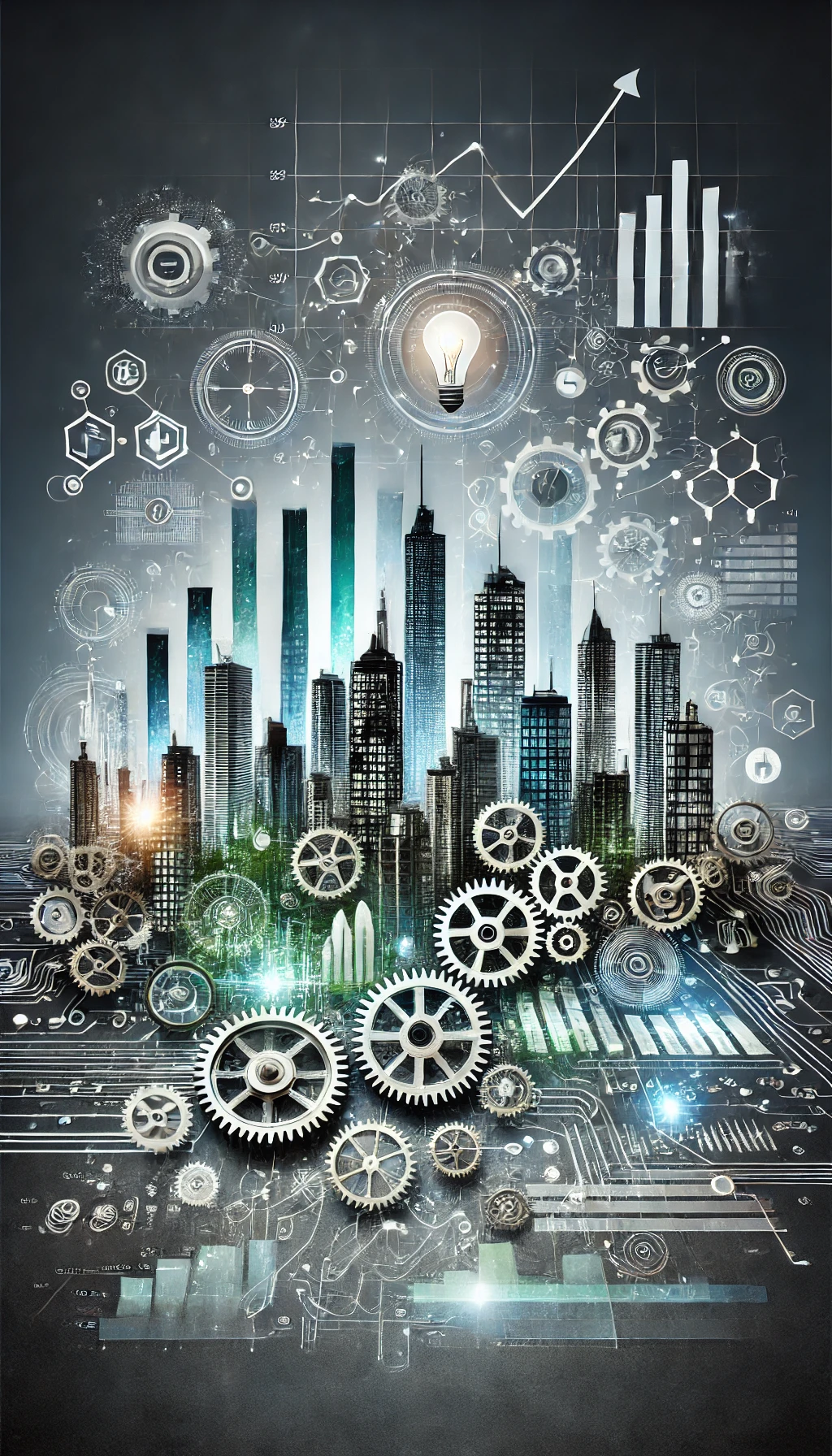 DALL·E 2024-09-13 19.40.30 - An imaginative visual representing business growth, featuring a futuristic city skyline with tall, ascending skyscrapers shaped like bar graphs, symbo