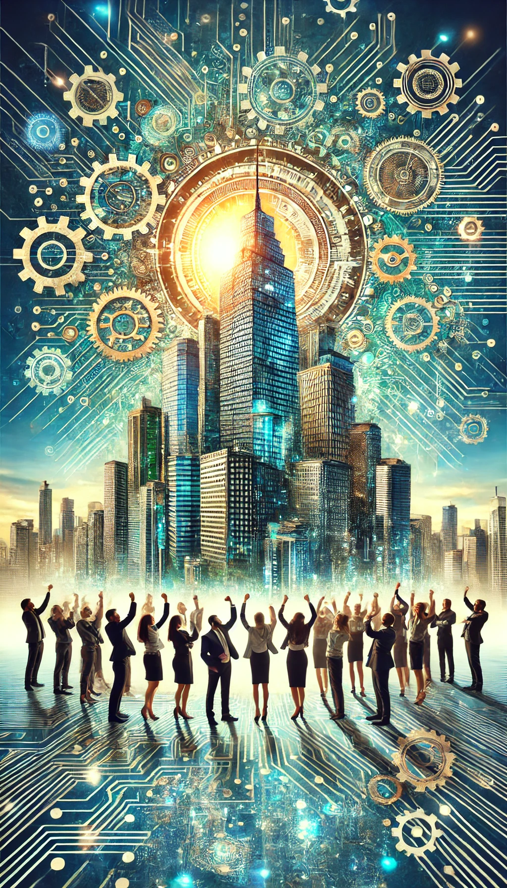 DALL·E 2024-09-13 19.43.23 - A visually striking and motivational image representing business growth, featuring a towering skyscraper made up of interconnected gears and digital c